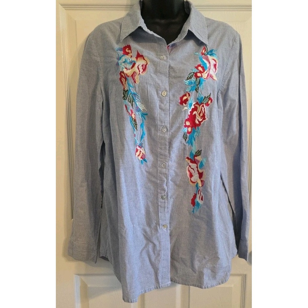 Chadwicks‎ Embroidered Roses Flowers Blue White Striped Soft Shirt Size Large
